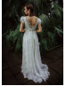 Tiered Short Sleeves Ivory Eyelash Lace Romantic Wedding Dress